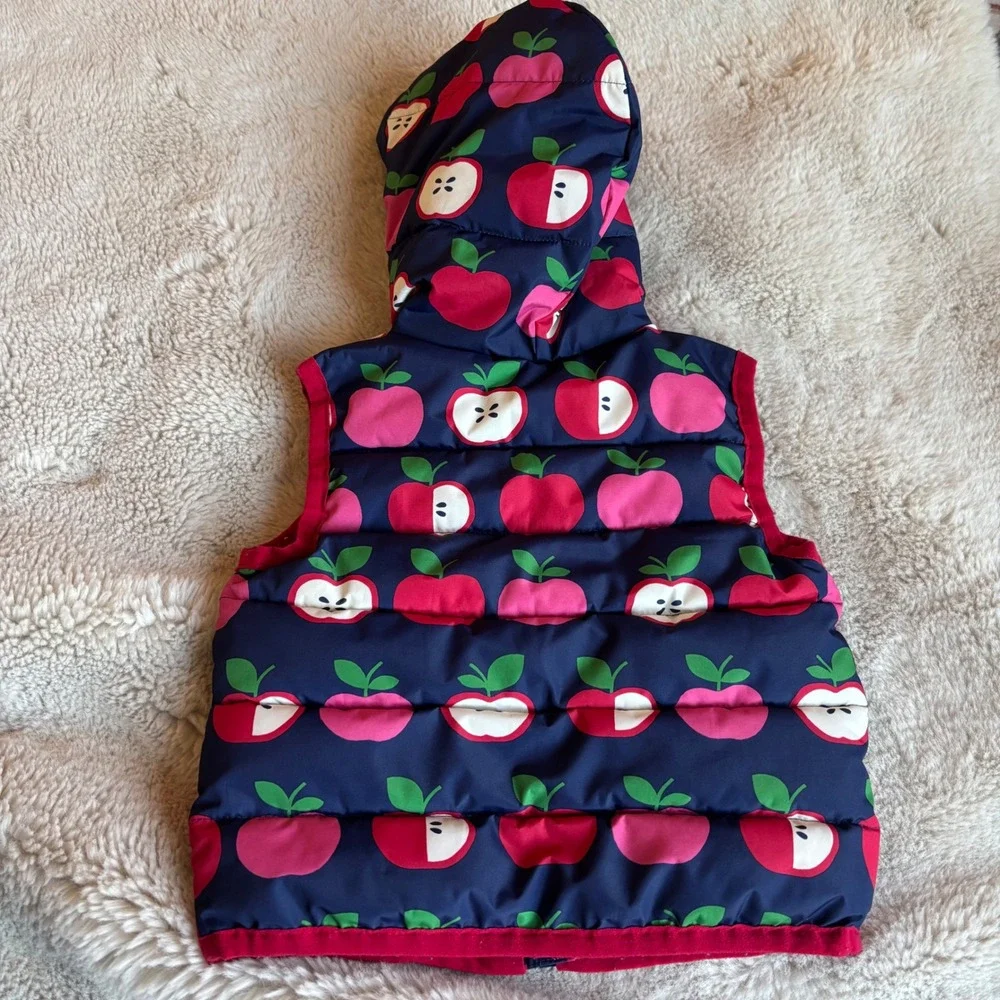 Gymboree Puffer‎ Vest Girls 18-24m Navy Blue Candy Apple Print Hooded Zip